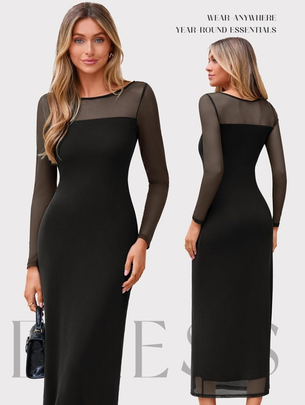 Black Mesh Long Sleeve Midi Dress Size Large NWT Fall 2026
